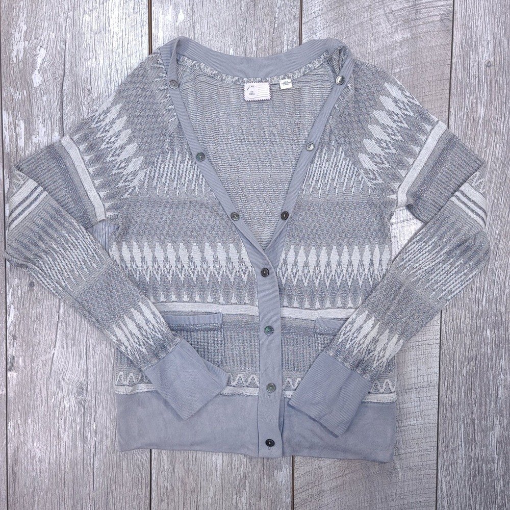 Anthropologie Postmark Cardigan Women Small Silver Metallic Fair Isle Sweater